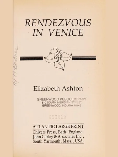 Rendezvous in Venice, cover of the J. Curley, 1989 edition (the Harlequin 1978 cover is not yet photographed)