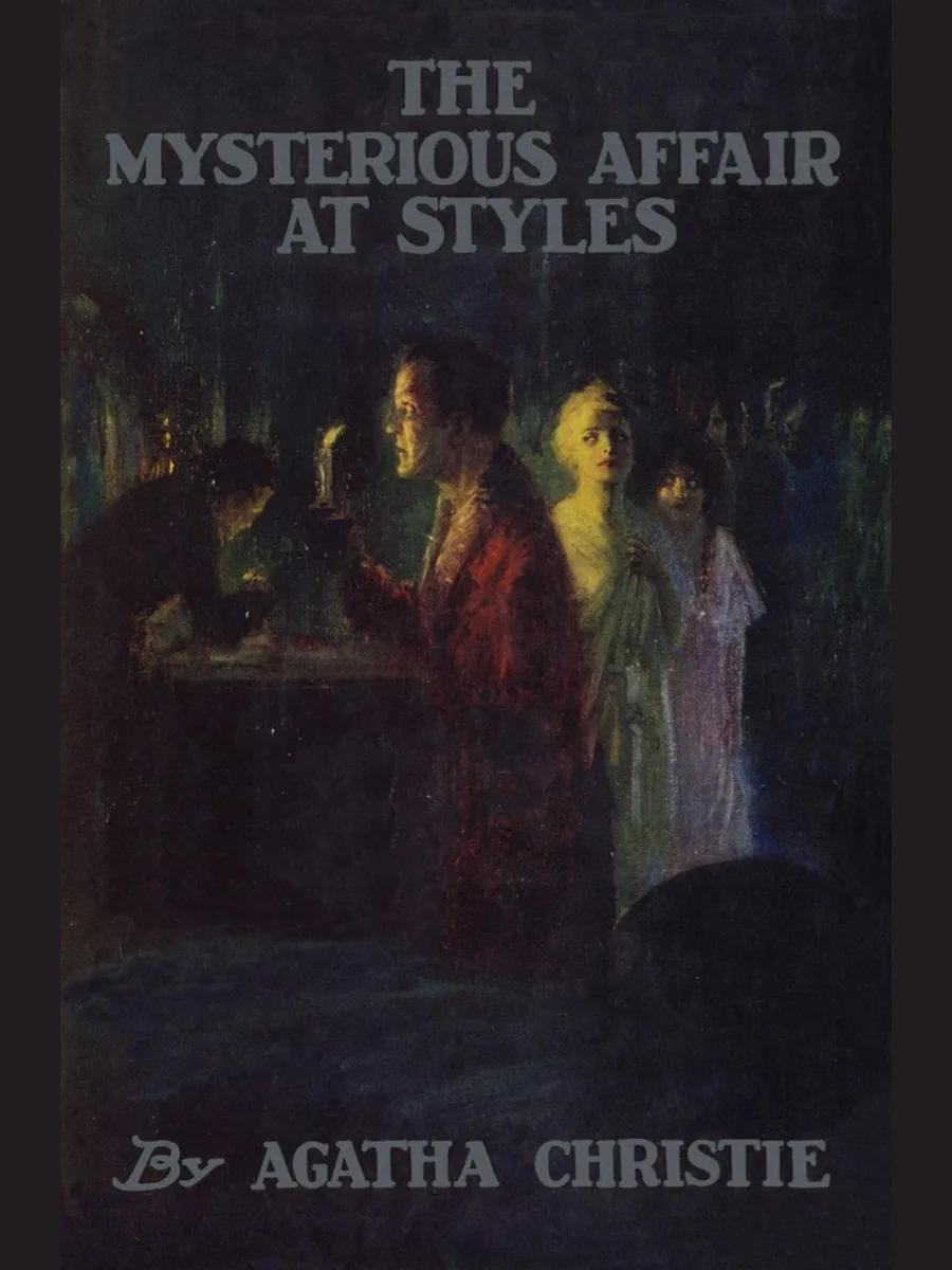 Dust jacket of The Mysterious Affair at Styles by Agatha Christie, a painted night scene of figures gathered in lamplight