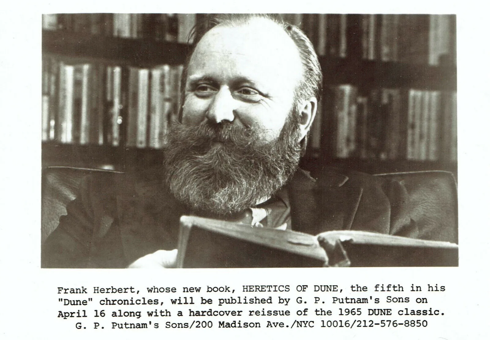 Frank Herbert in 1984, bearded and in a dark jacket, in a press photograph