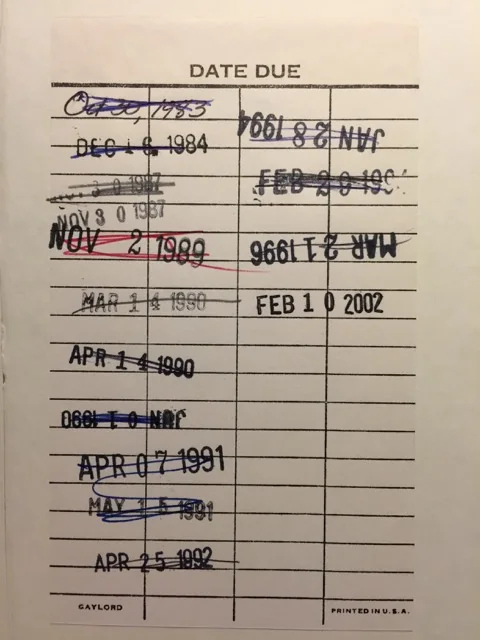 Library date due slip covered in stamped return dates from the 1980s to 2002