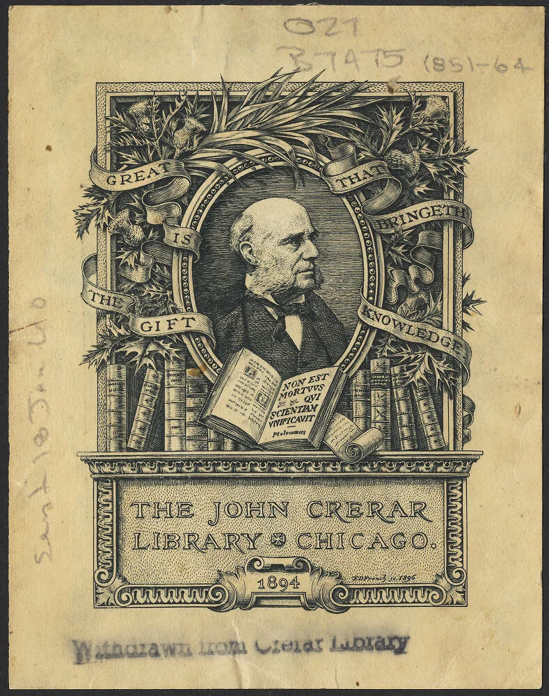 John Crerar Library bookplate with a pencilled shelf mark and a 'Withdrawn from Crerar Library' stamp