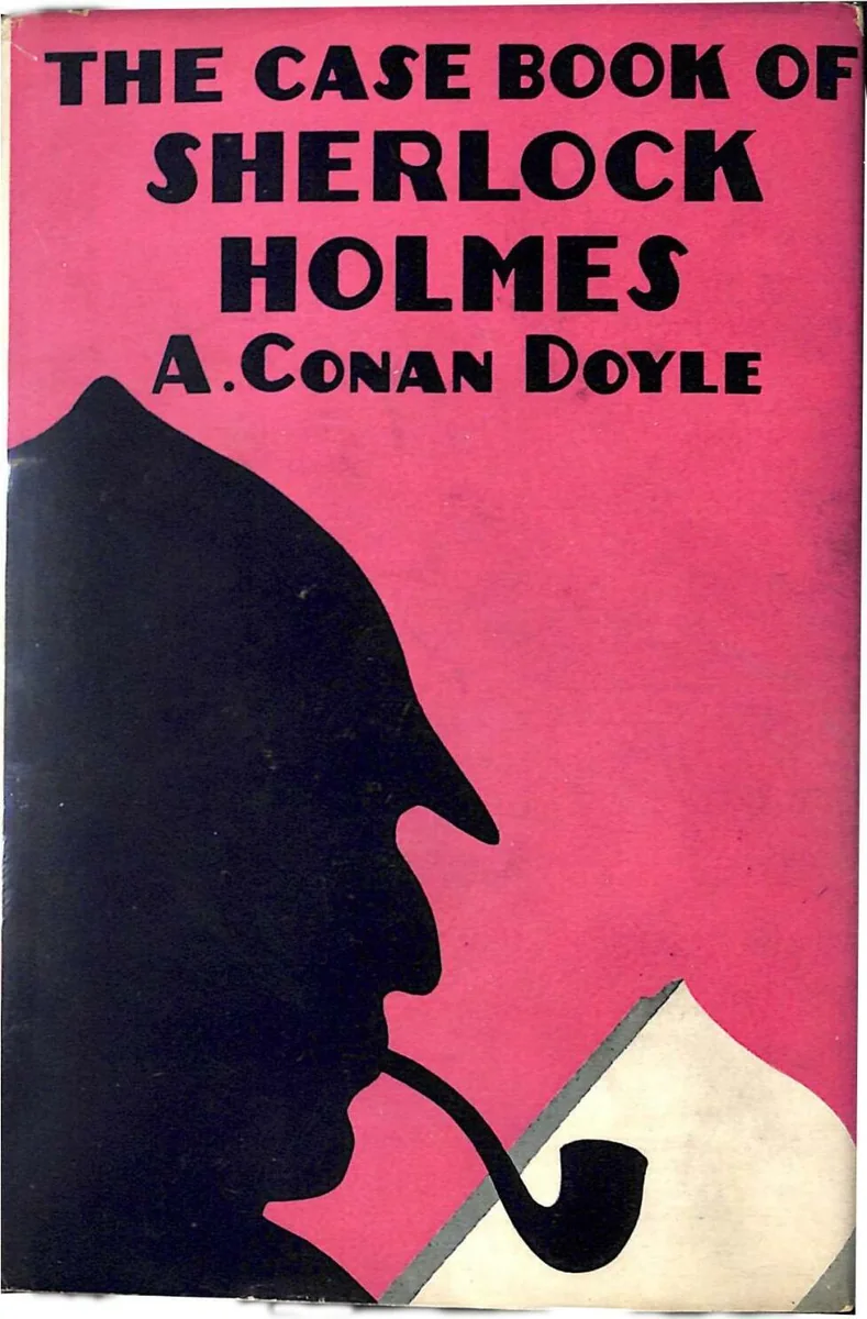 Pink first-edition dust jacket of The Case Book of Sherlock Holmes with a black silhouette of Holmes and pipe