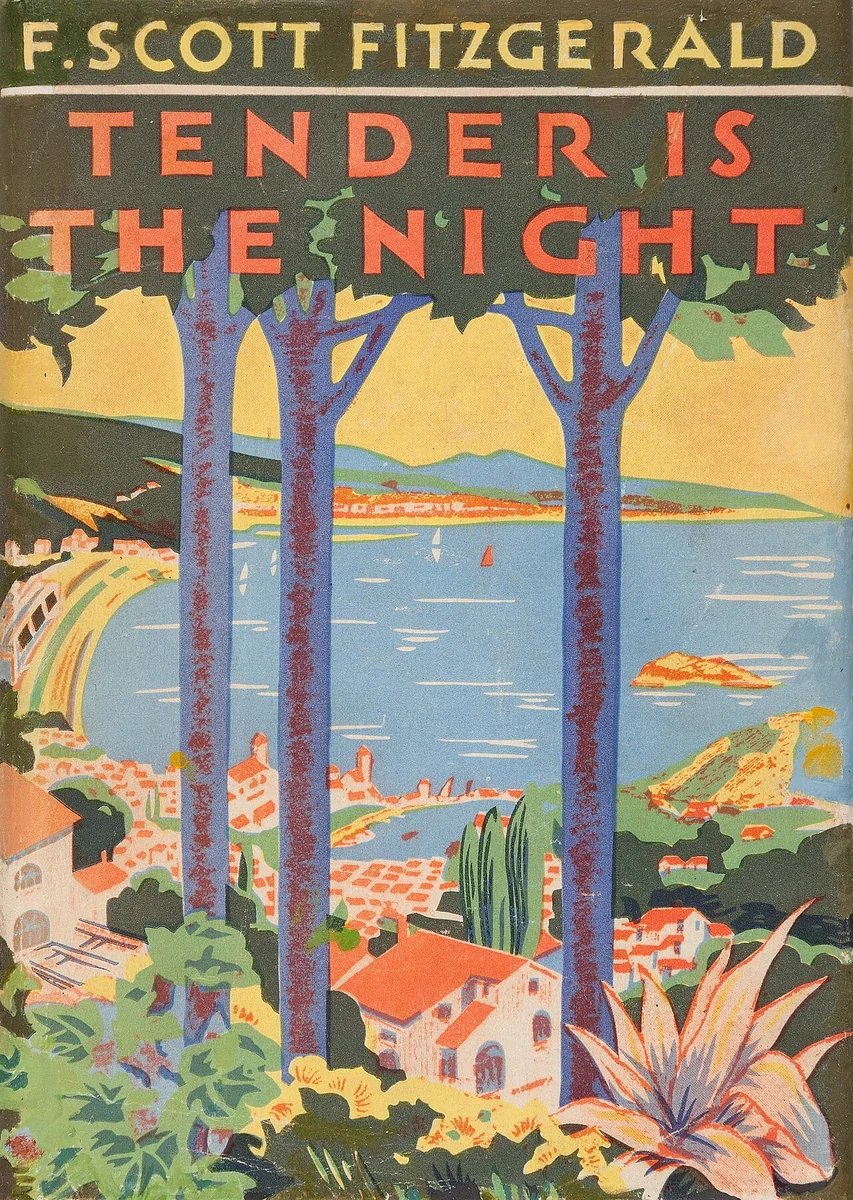 Original 1934 first-edition dust jacket of Tender Is the Night, a Riviera bay framed by tall pines