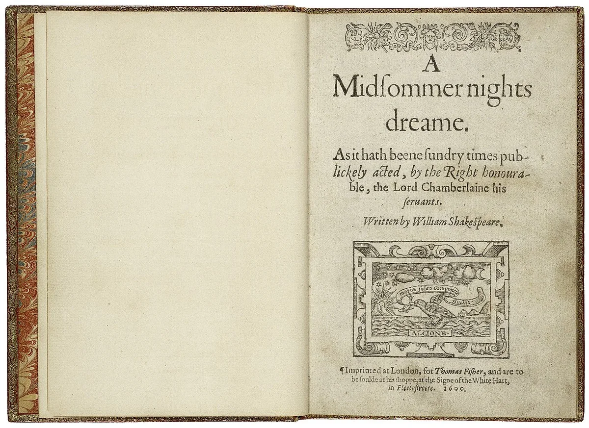 Title page of the 1600 first quarto of A Midsummer Night's Dream, printed for Thomas Fisher, London