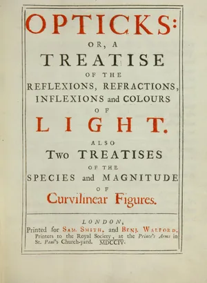 Title page of Opticks, printed for Sam Smith and Benj. Walford, 1704